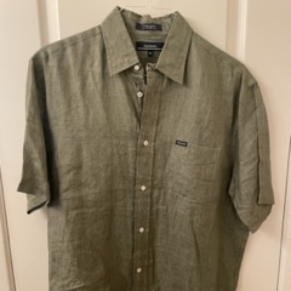 Faconnable Short Sleeve Linen Shirt & Light Green Plaid
